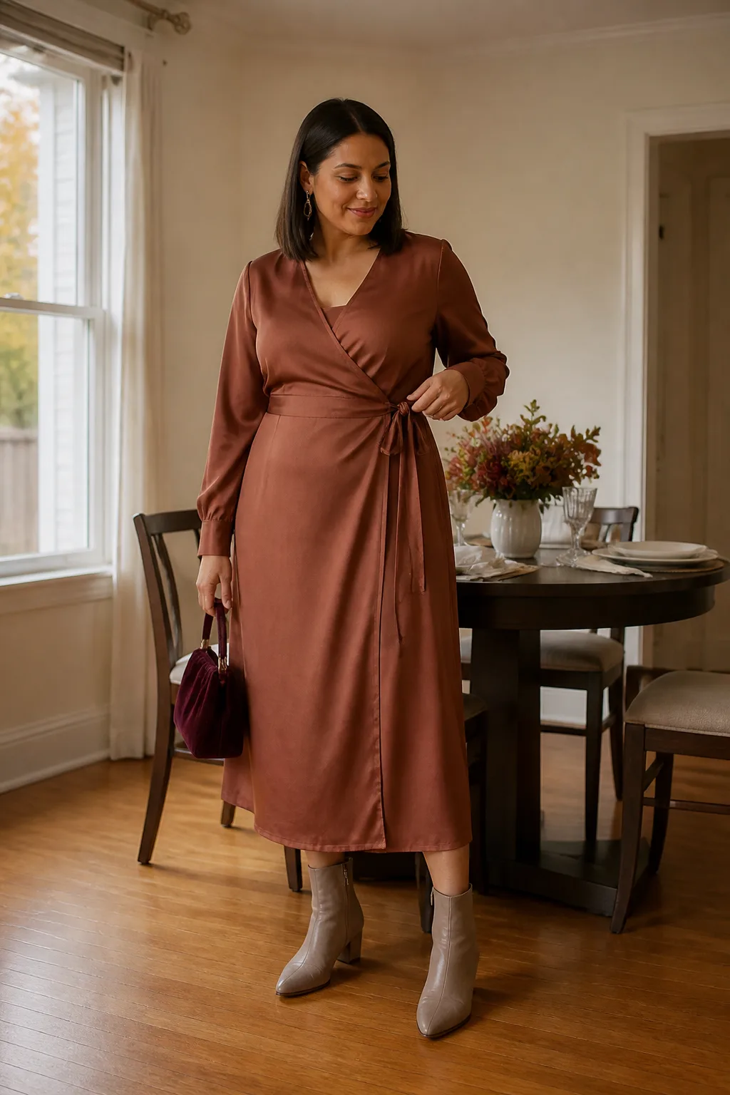 Copper Wrap Dress with Kitten-Heel Boots