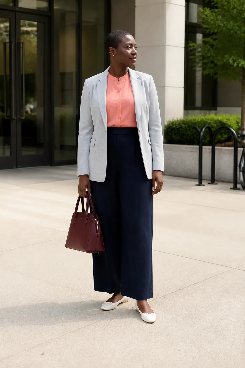 Coral Blouse with Wide-Leg Pants