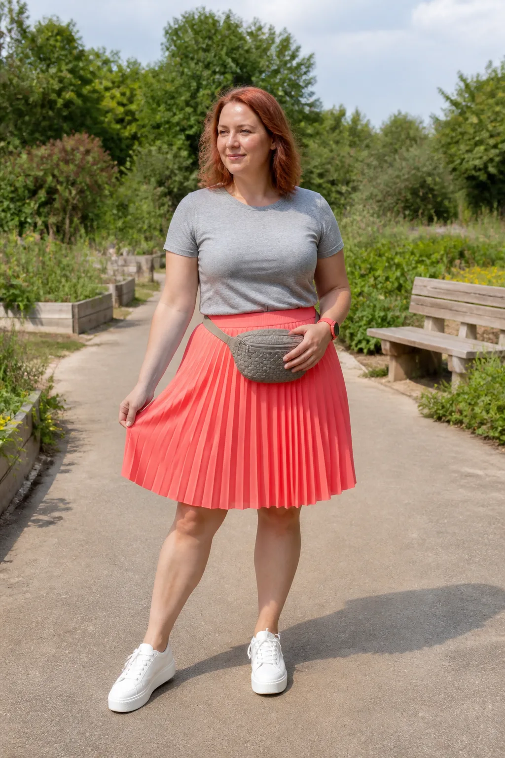 Coral Pleated Skirt, Gray Tee, and Platform Trainers