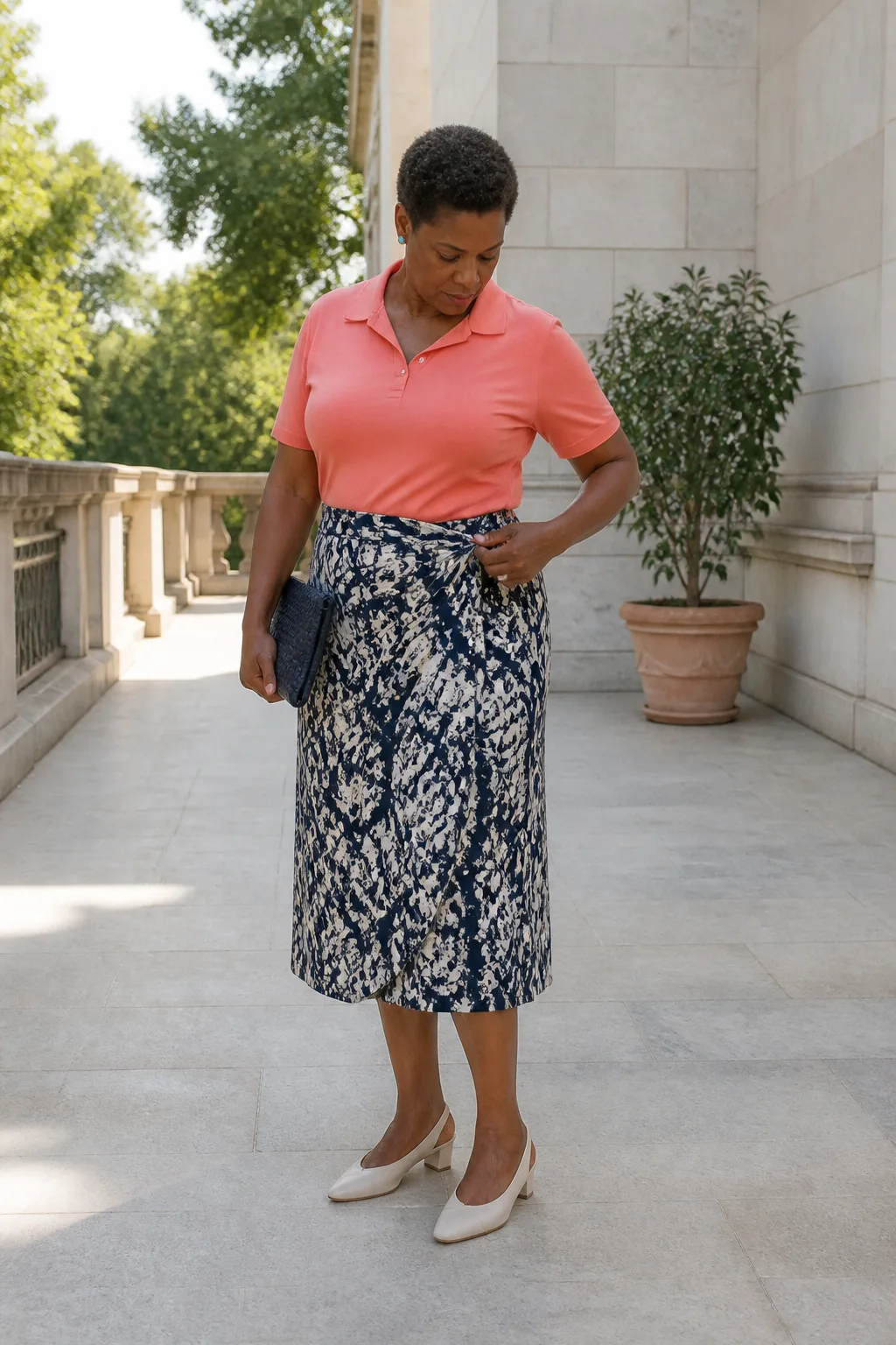 Coral Polo Shirt with Printed Wrap Skirt