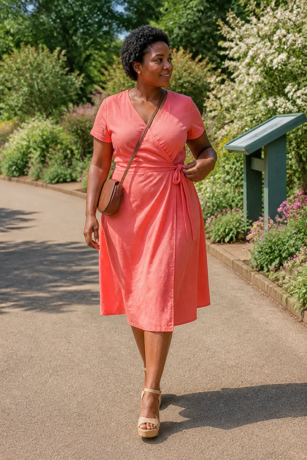 Coral Wrap Dress with Espadrilles