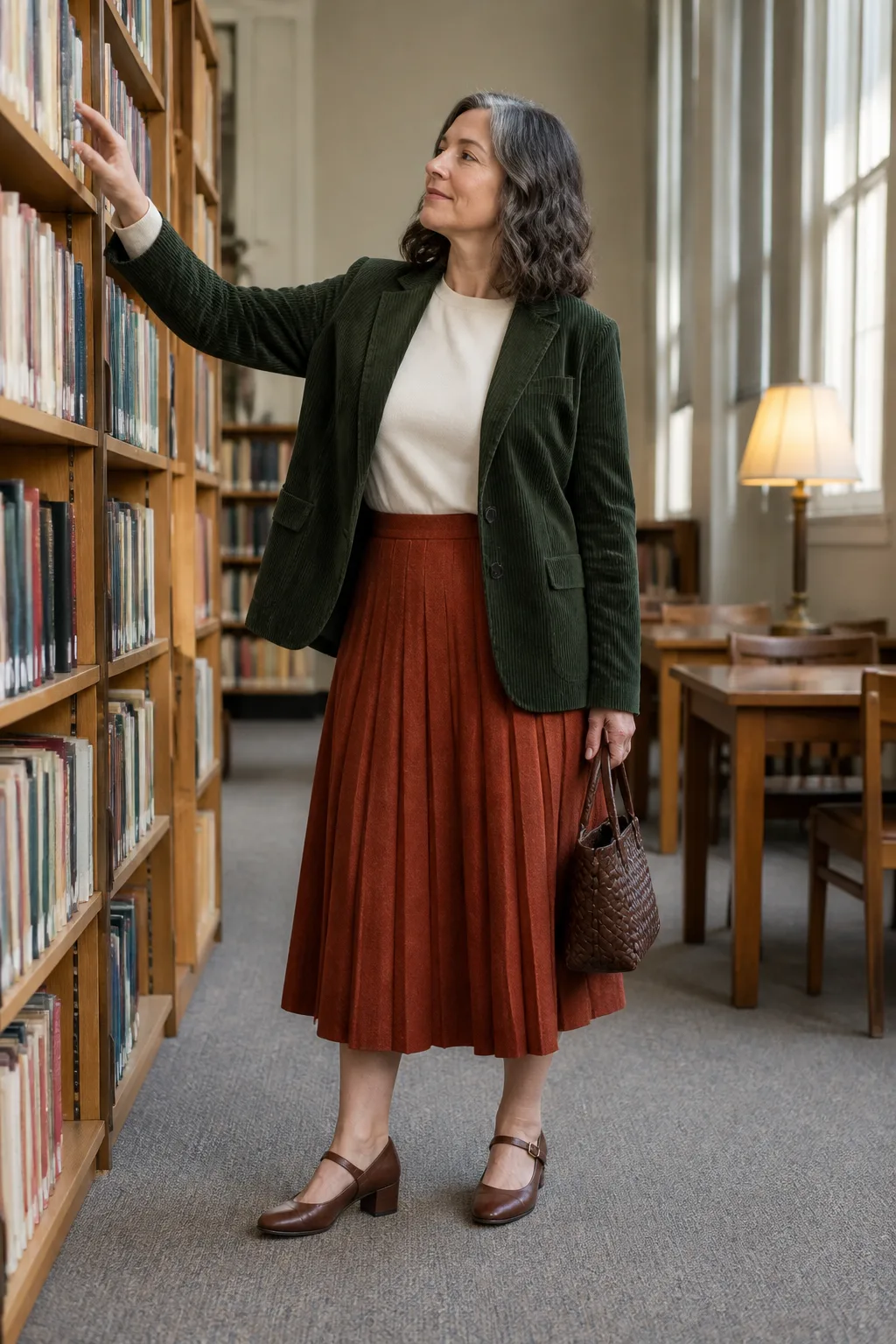 Corduroy Blazer, Pleated Skirt, and Mary Janes