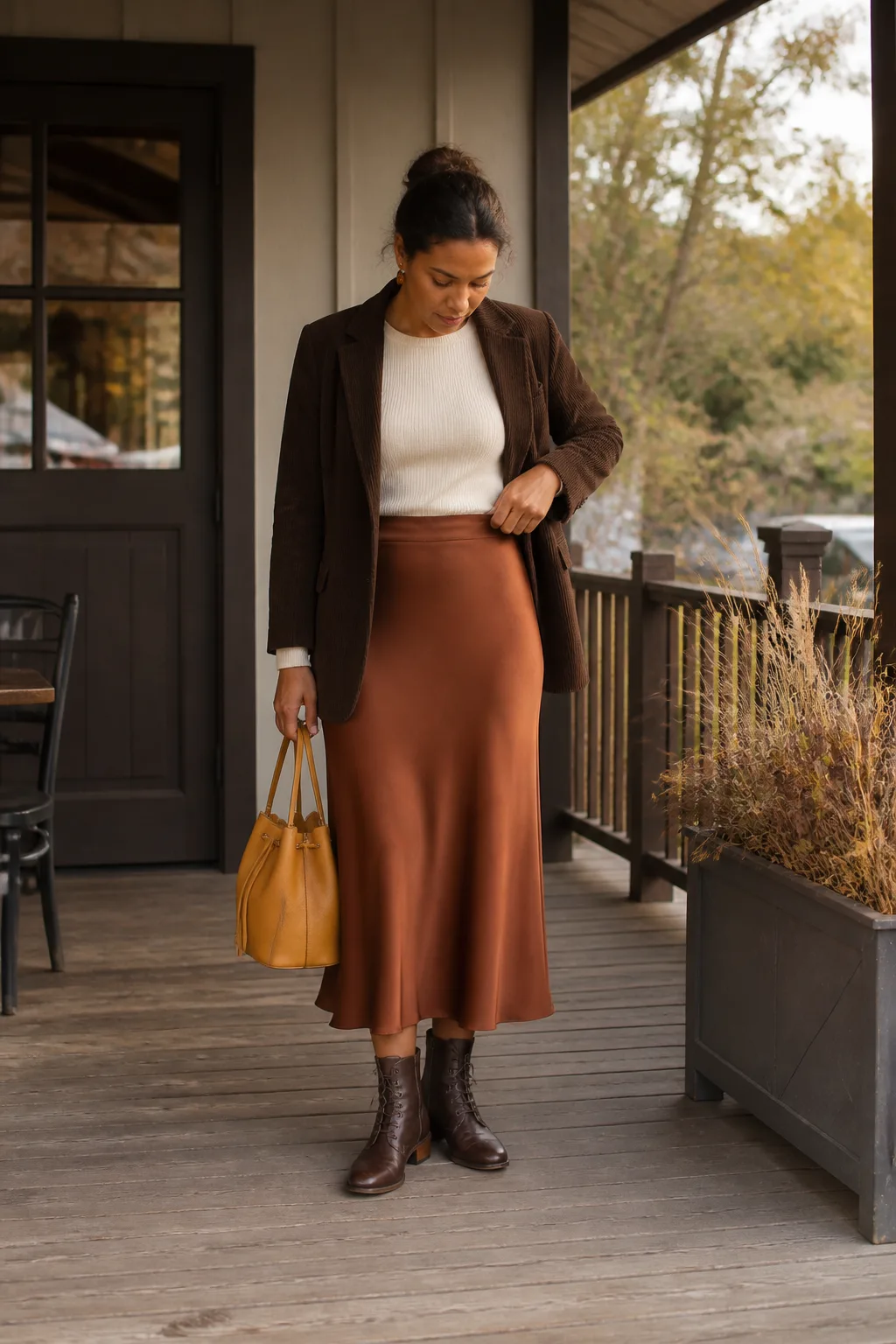 Corduroy Blazer with Satin Slip Skirt