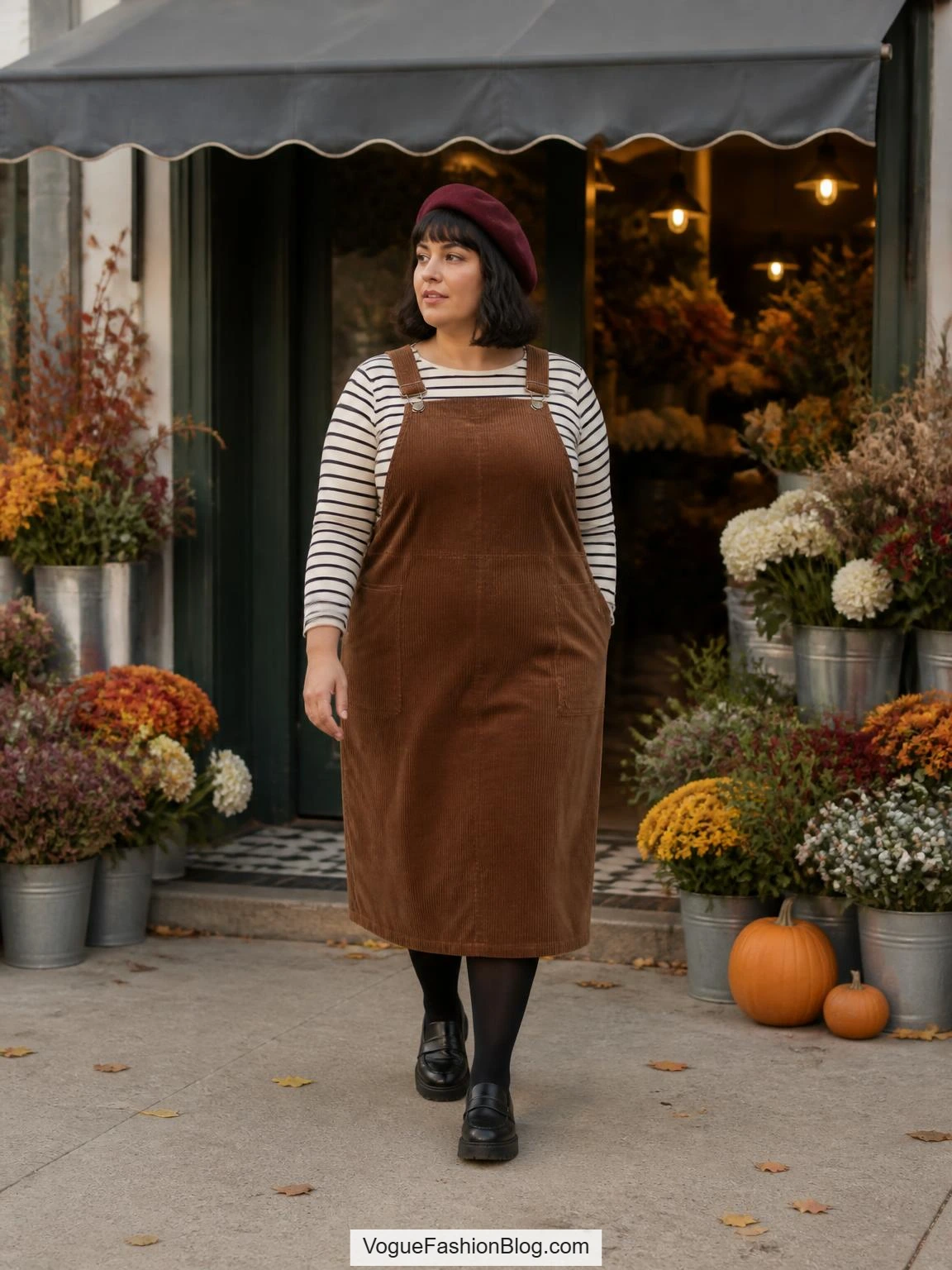 Plus size fall outfits feature a chestnut corduroy pinafore over a striped knit, tights, loafers, and beret at a flower shop