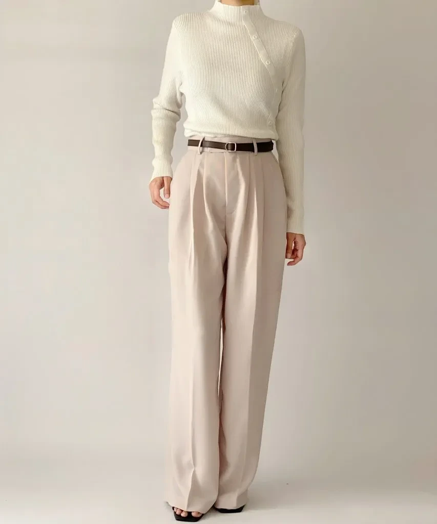 17- Cozy Knit and Beige Wide-Leg Pants