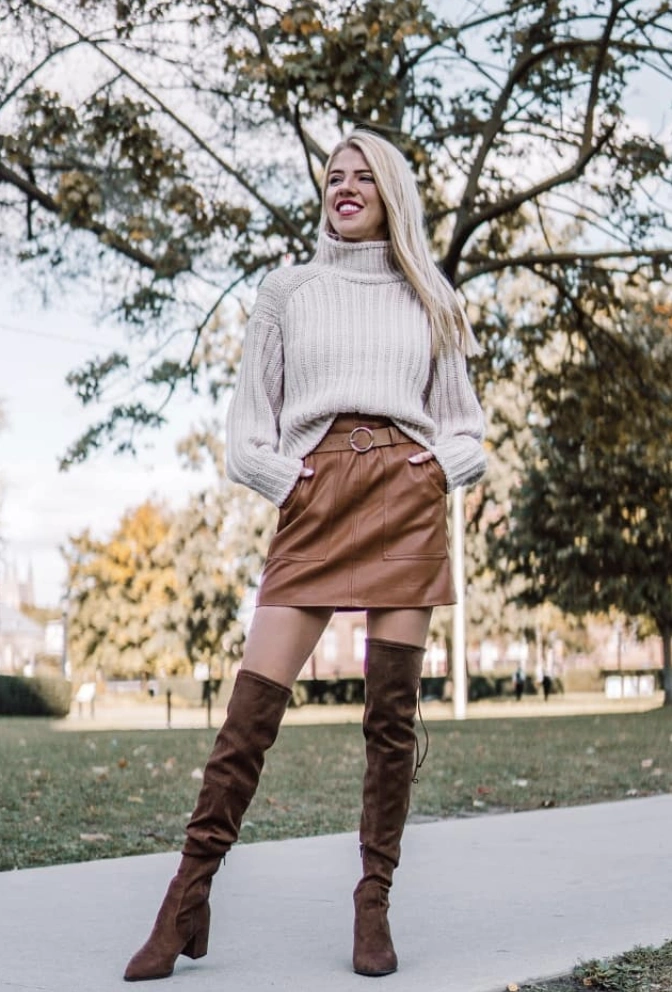 Cozy Knit Sweater + Brown Leather Mini Skirt + Over-the-Knee Boots