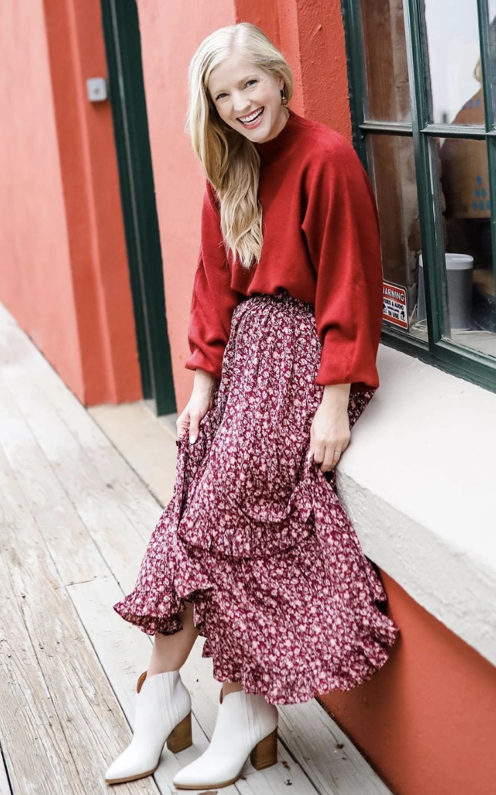 Cozy Red Sweater + Floral Maxi Skirt + White Ankle Booties