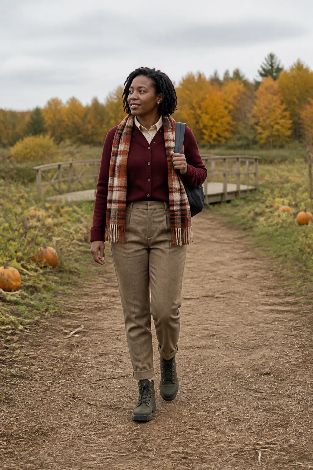 Cranberry Cardigan, Cream Trousers, and Hiking Boots