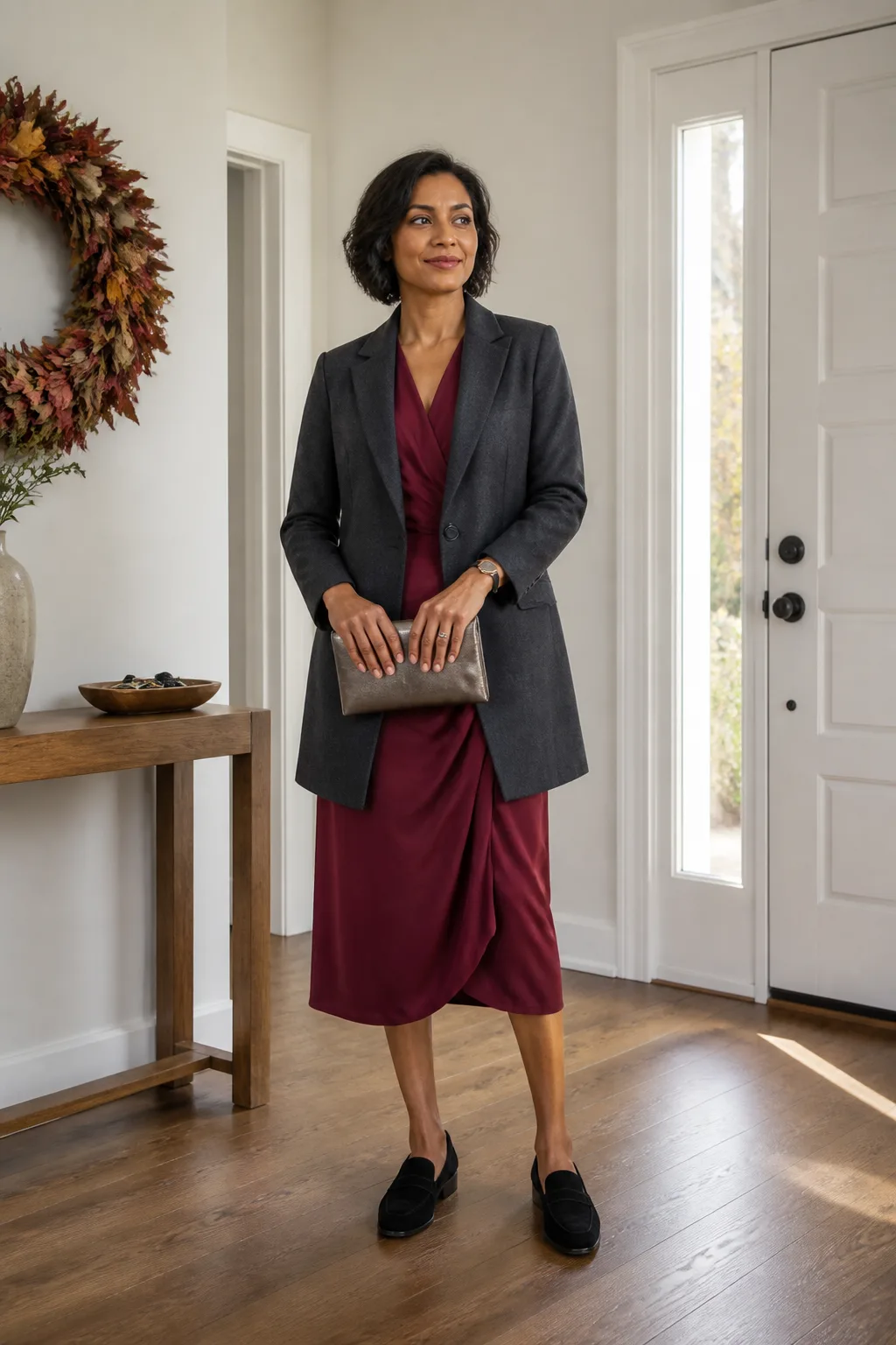 Cranberry Jersey Midi Dress with a Longline Blazer