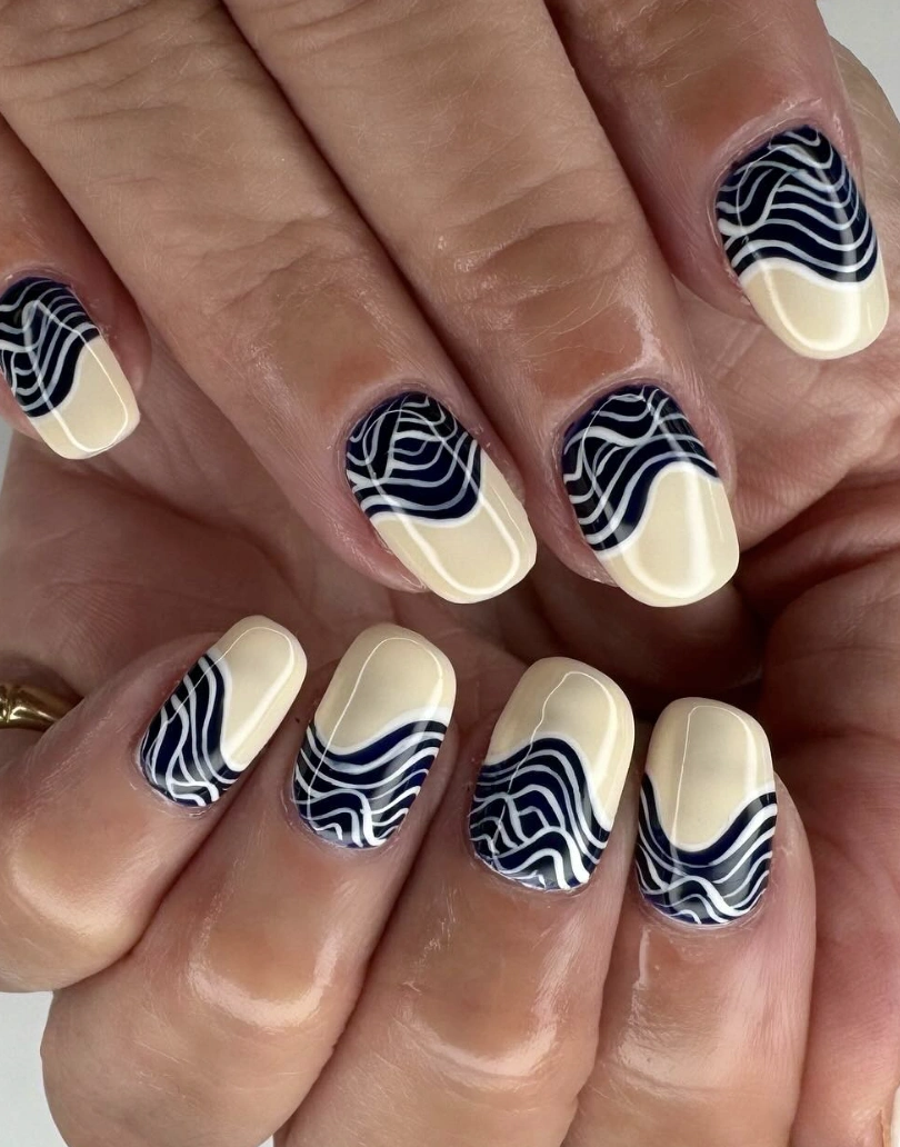 Cream and Navy Wavy Line Nail Art