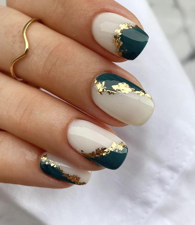 Cream and Olive Green Nails with Gold Foil Accent