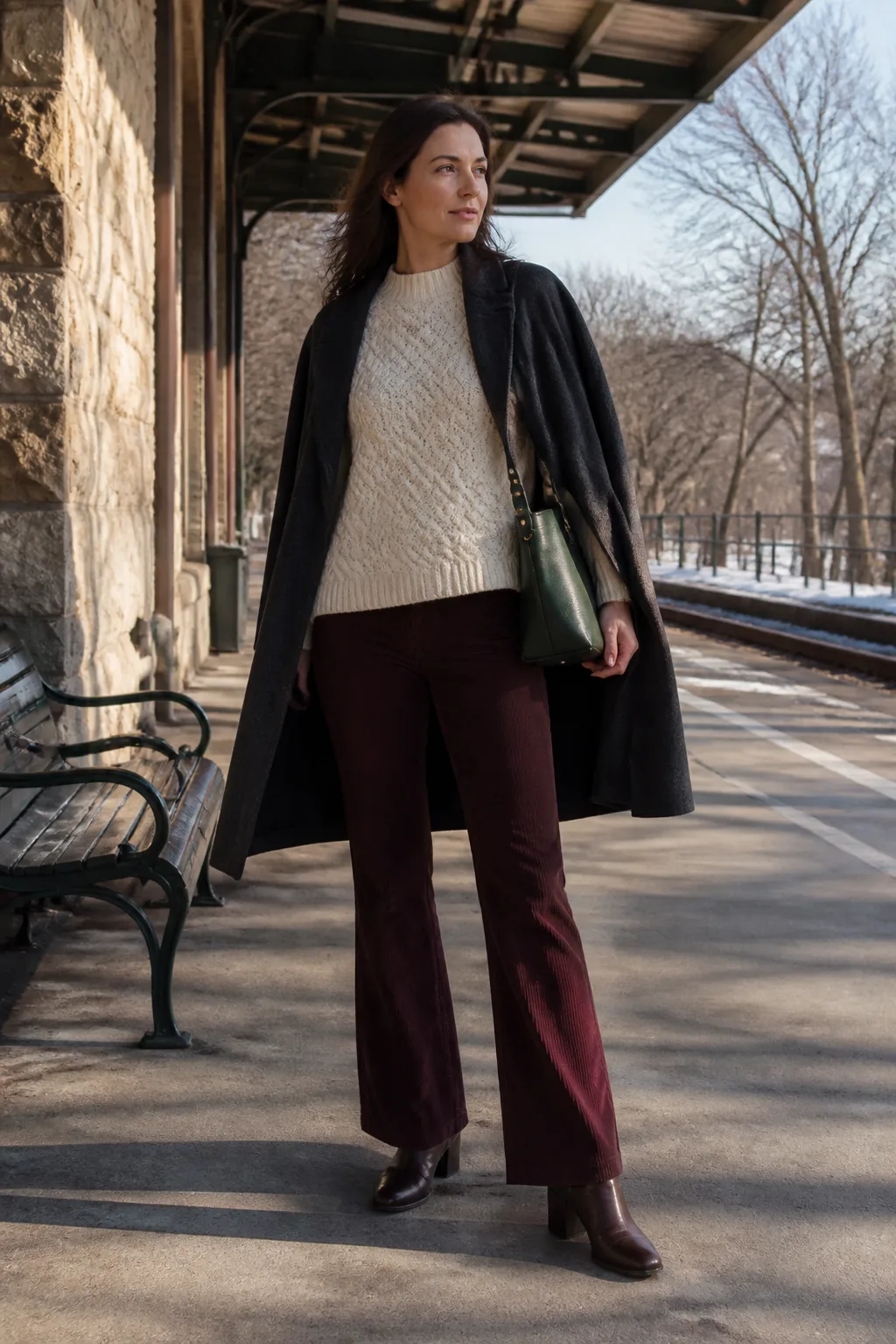 Cream Aran Sweater with Burgundy Trousers