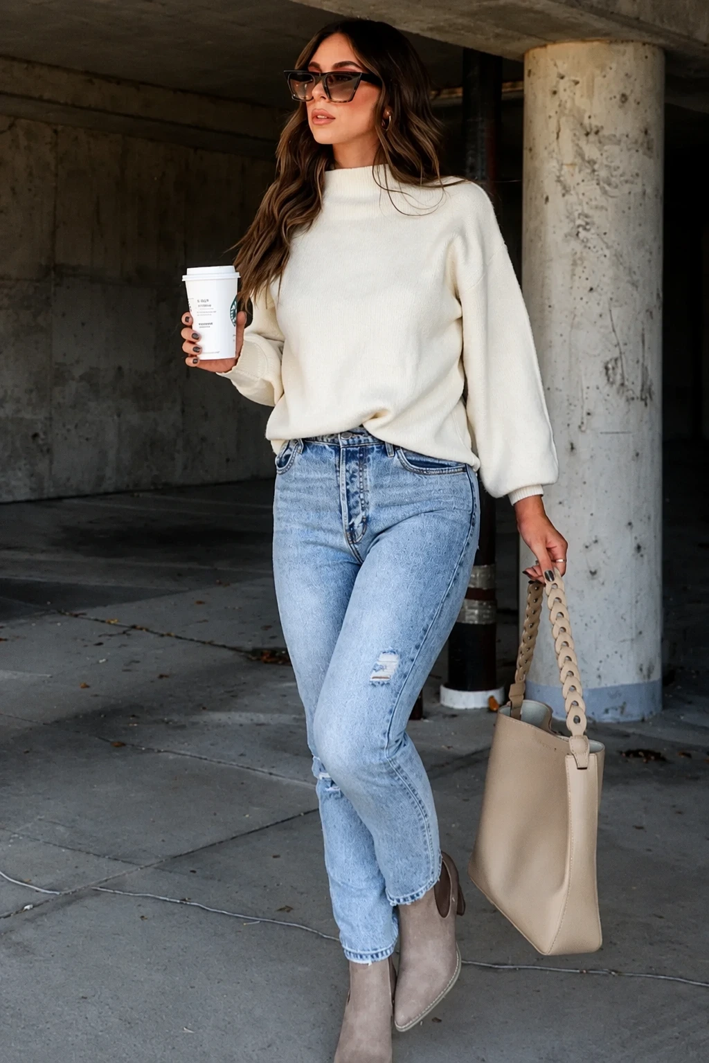 4- Cream Balloon-Sleeve Sweater and Light-Wash Jeans