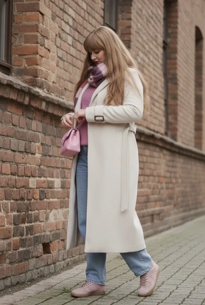 7- Cream Belted Coat and Pink Sneakers