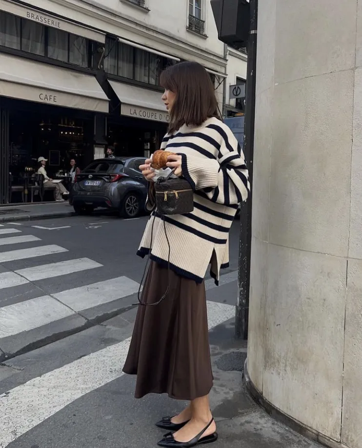 Cream Black Striped Knit Sweater + Brown Midi Skirt + Black Slingback Flats
