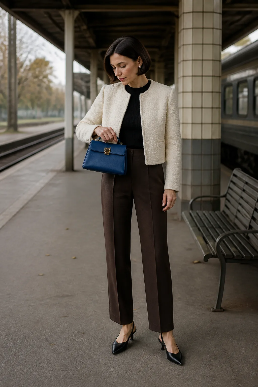 Cream Bouclé Jacket with Brown Trousers