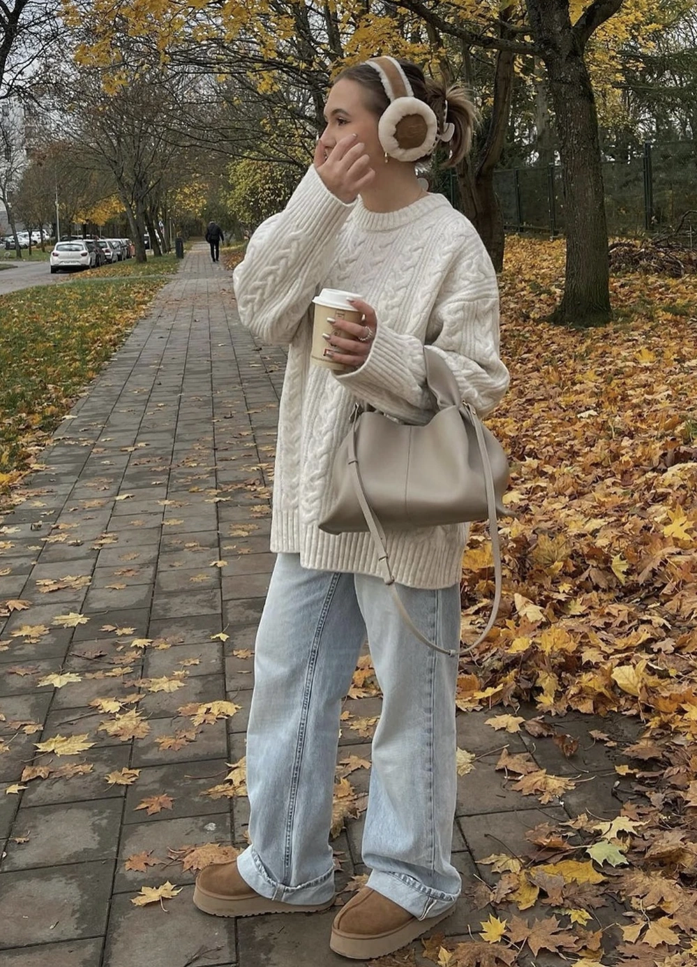 Cream Cable-Knit Sweater + Light Wash Jeans