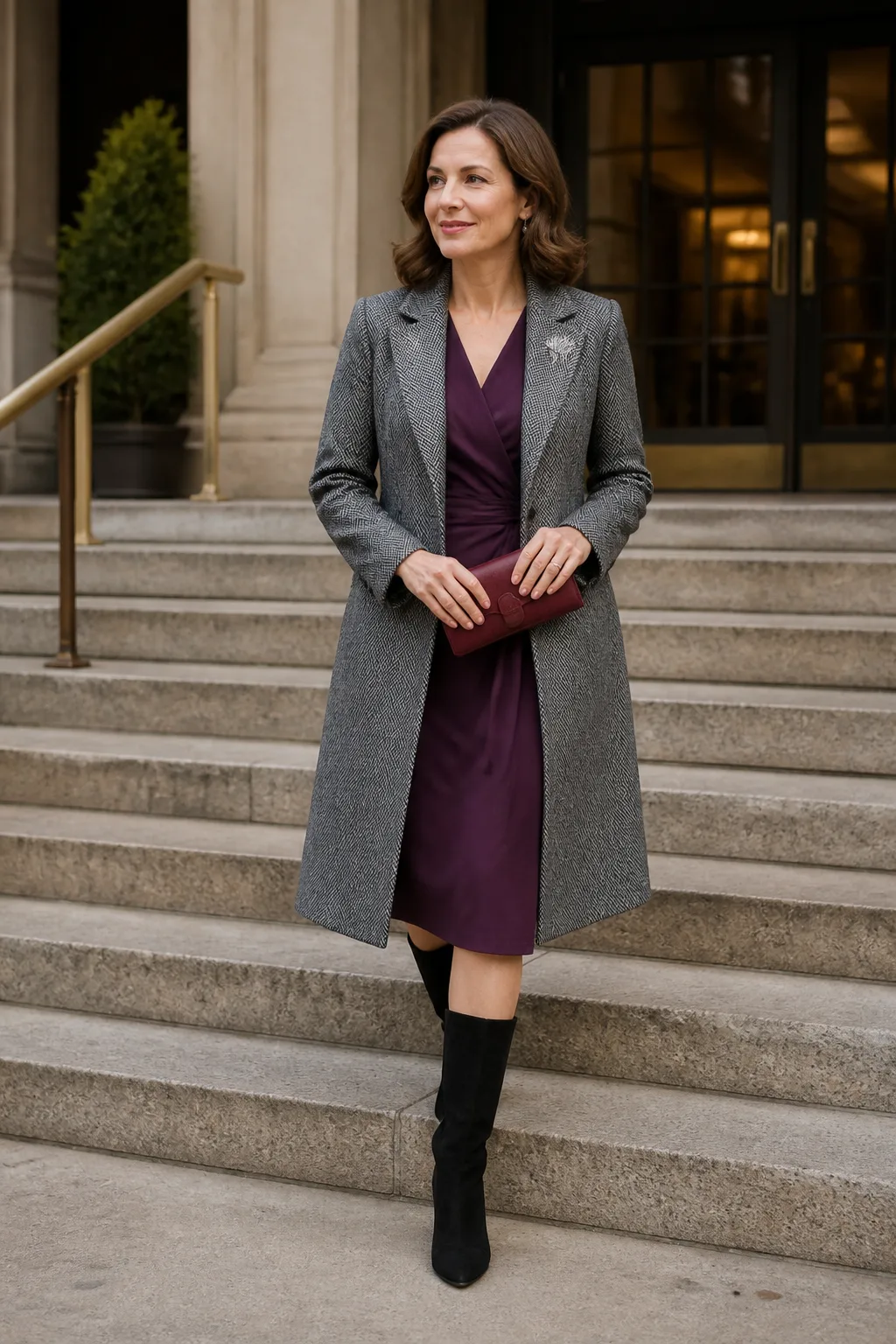 Cream Cable Sweater, Leather Midi Skirt, and Amber Brooch