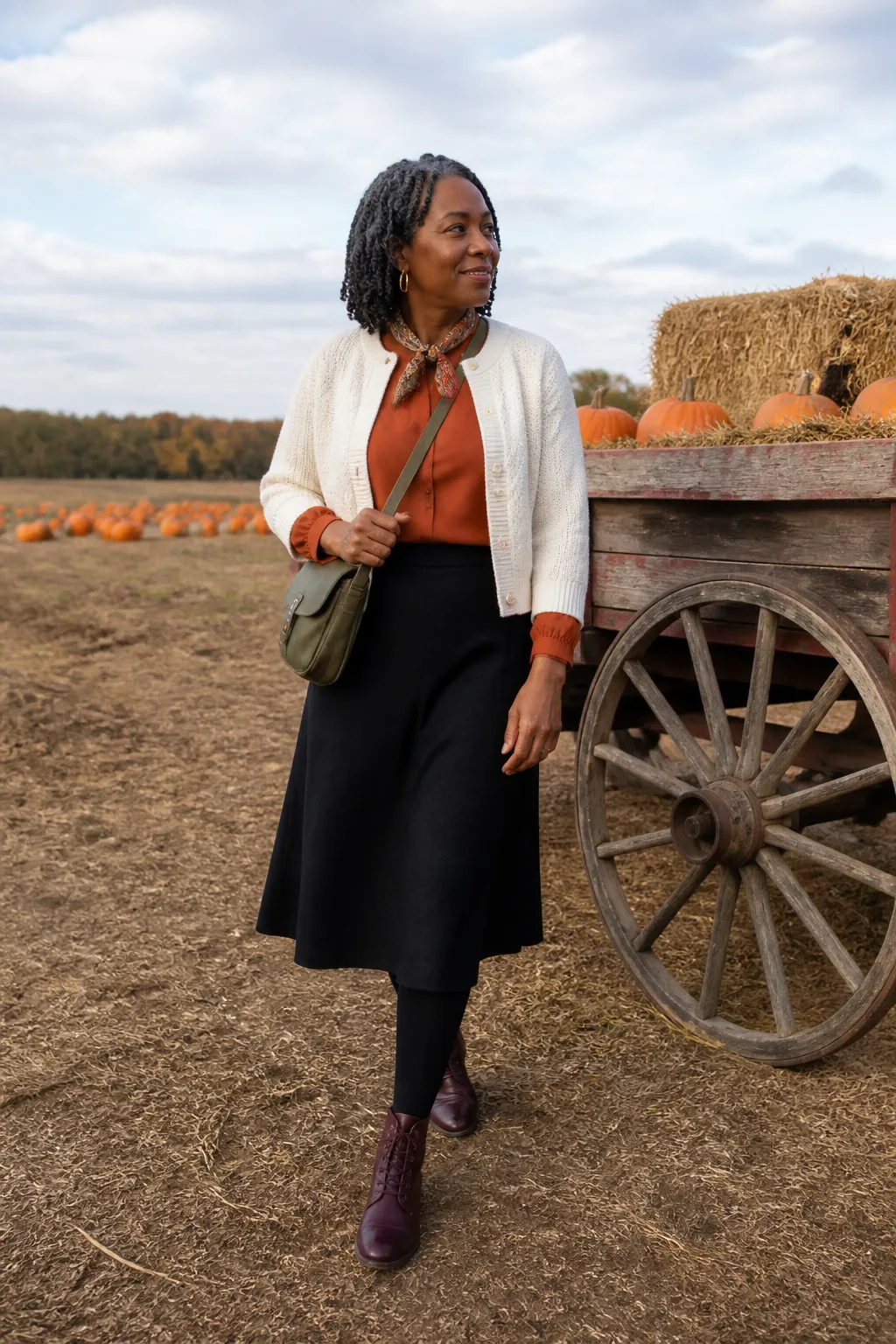 Cream Cardigan, Rust Blouse, and Black A-Line Skirt