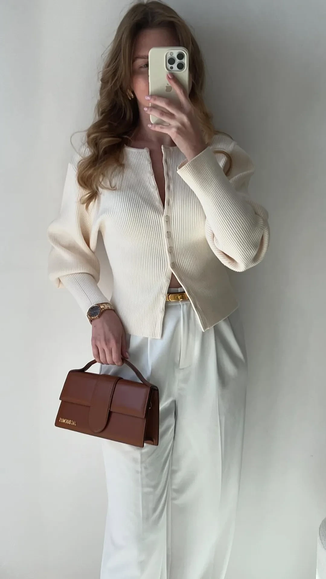 9- Cream Cardigan With White Wide-Leg Trousers