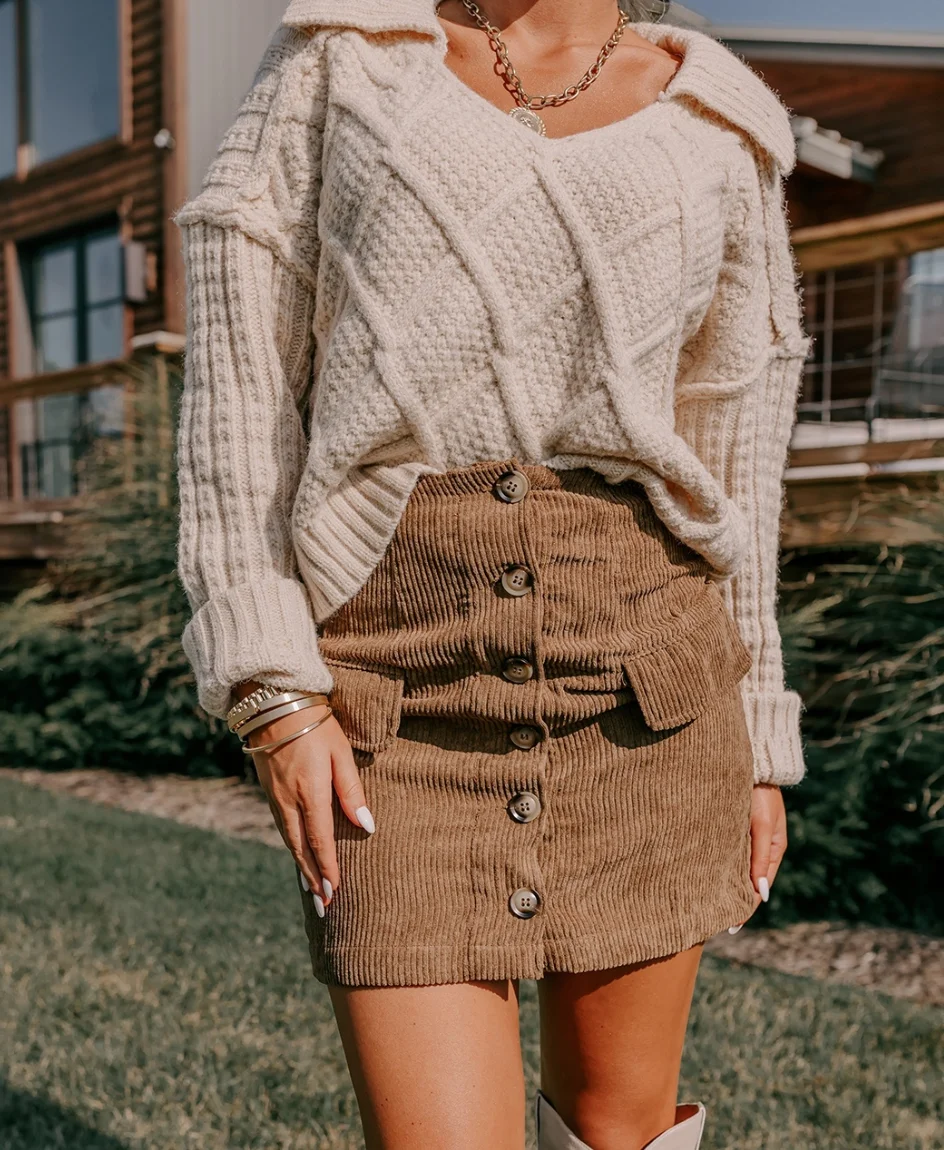 Cream Chunky Knit Sweater + Tan Corduroy Button-Front Mini Skirt + Gold Chain Necklace