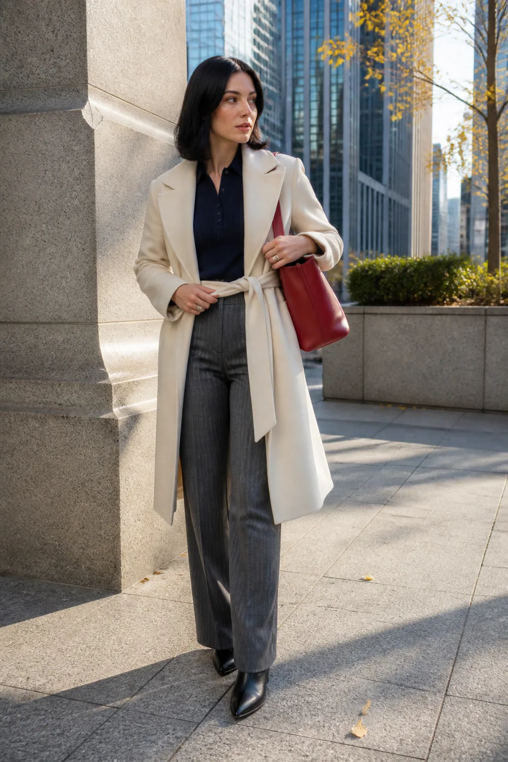 Cream Coat, Navy Knit Polo and Pinstriped Trousers