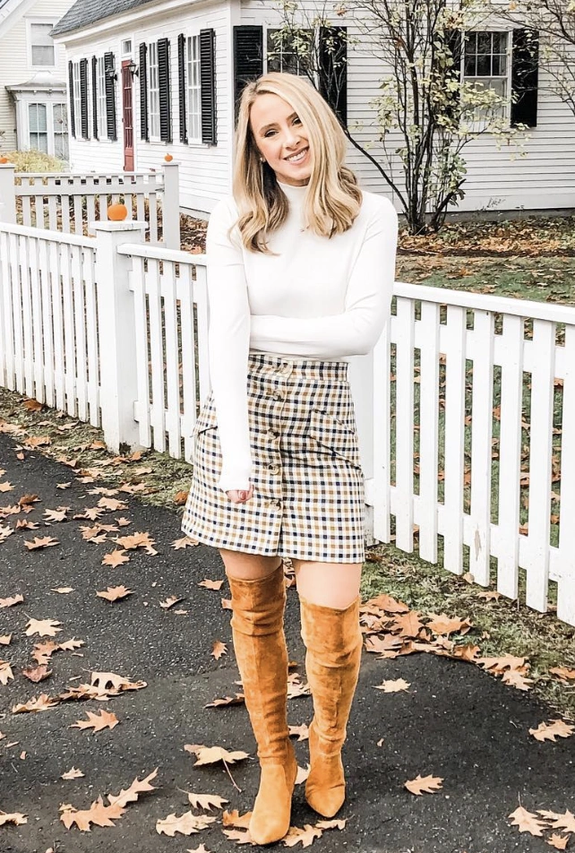 Cream Long Sleeve Top + Plaid Mini Skirt + Brown Over-the-Knee Boots