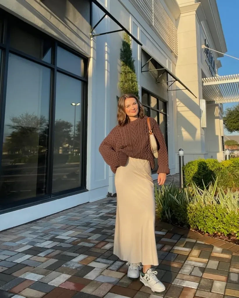 11- Cream Satin Midi Skirt with a Chunky Sweater