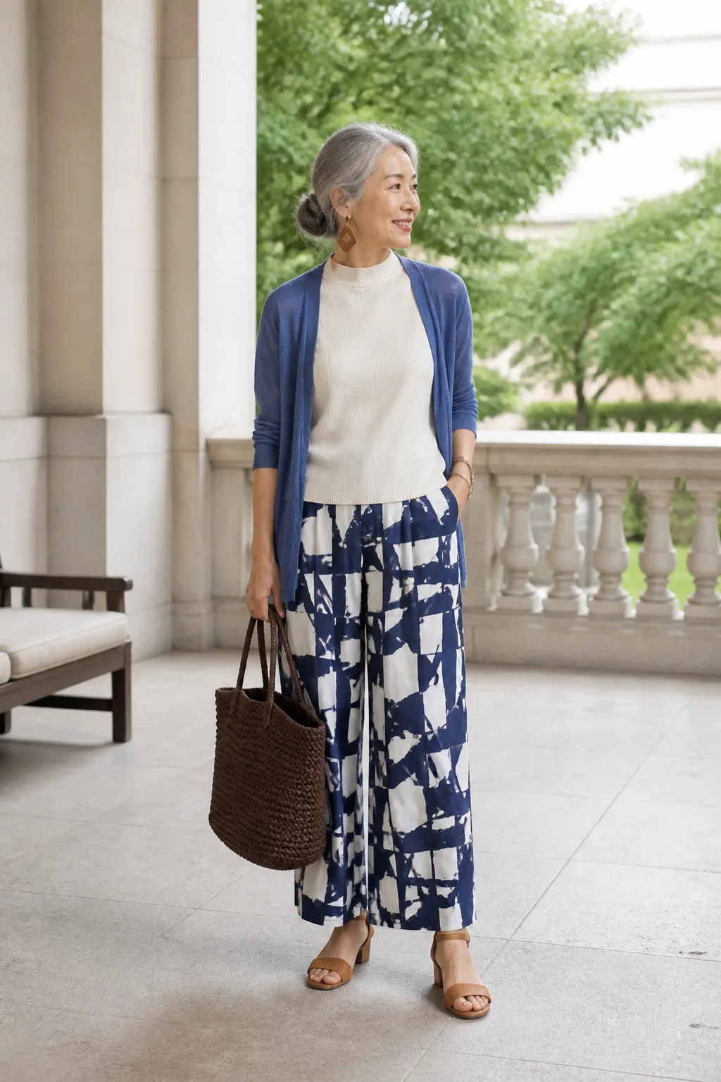 Cream Shell with Printed Palazzo Pants