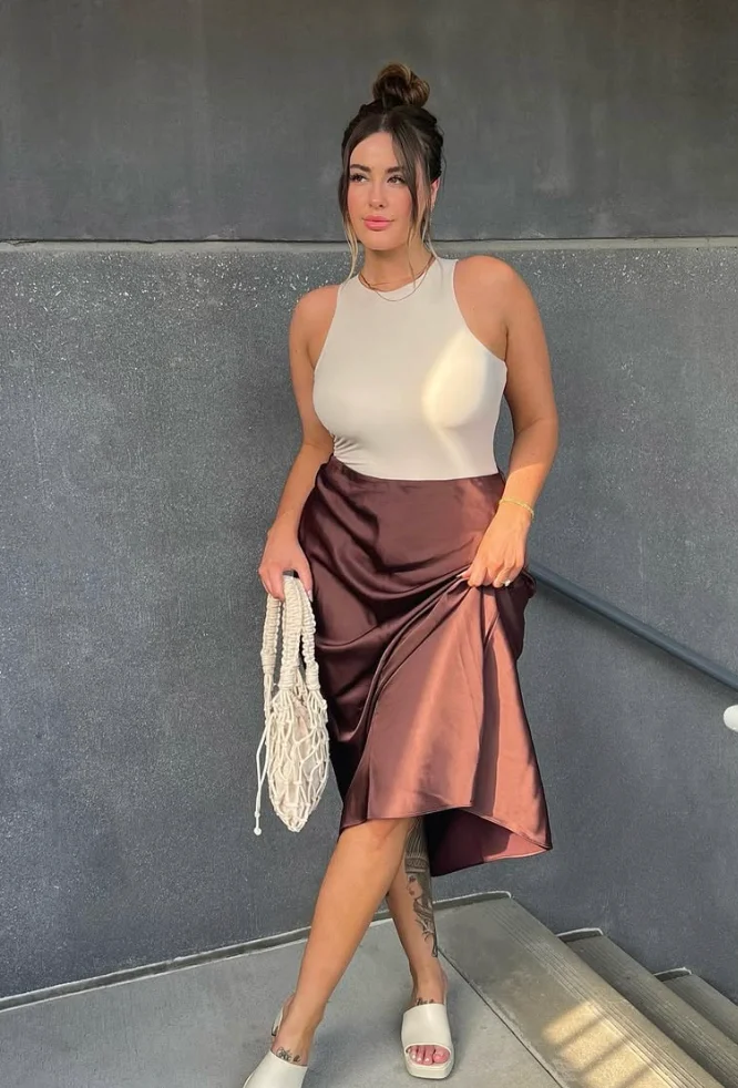Cream Sleeveless Bodysuit + Brown Satin Midi Skirt + White Slide Sandals