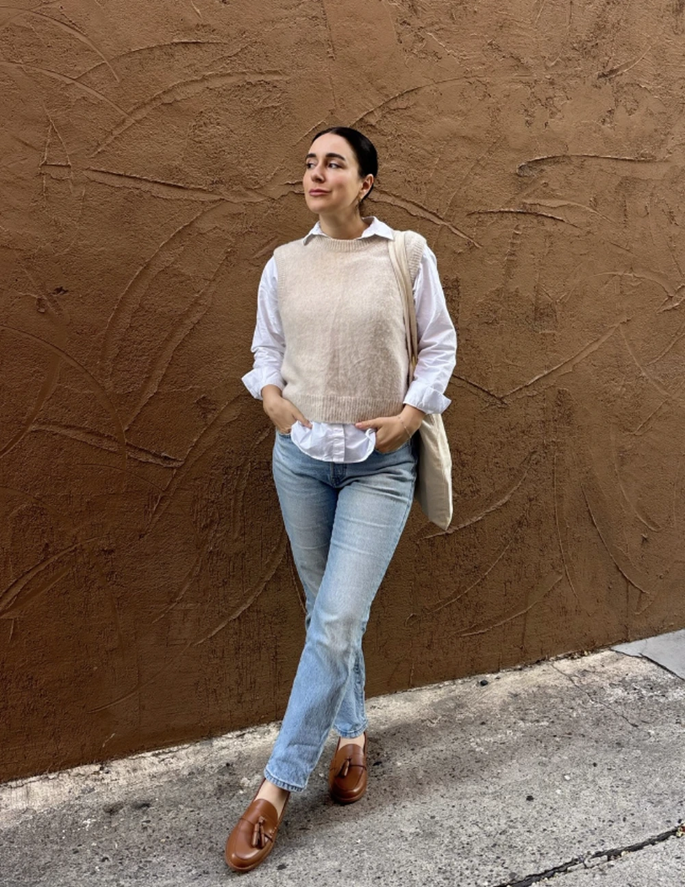 Cream Sweater Vest + White Button-Down + Light Wash Jeans