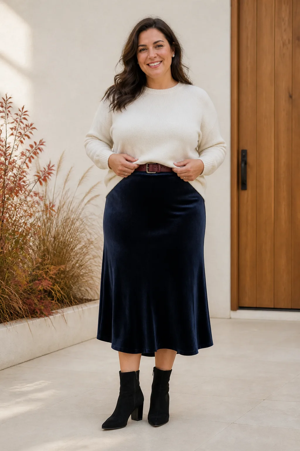 Cream Sweater with Navy Velvet Skirt