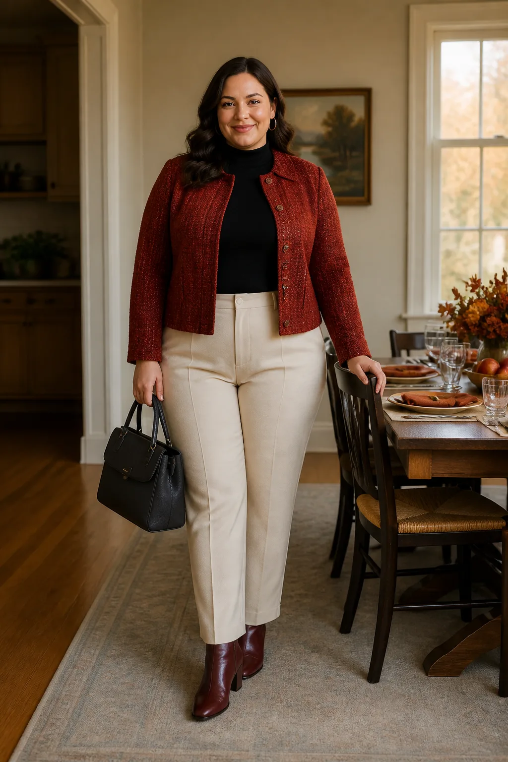 Cream Trousers with Brick Bouclé Jacket