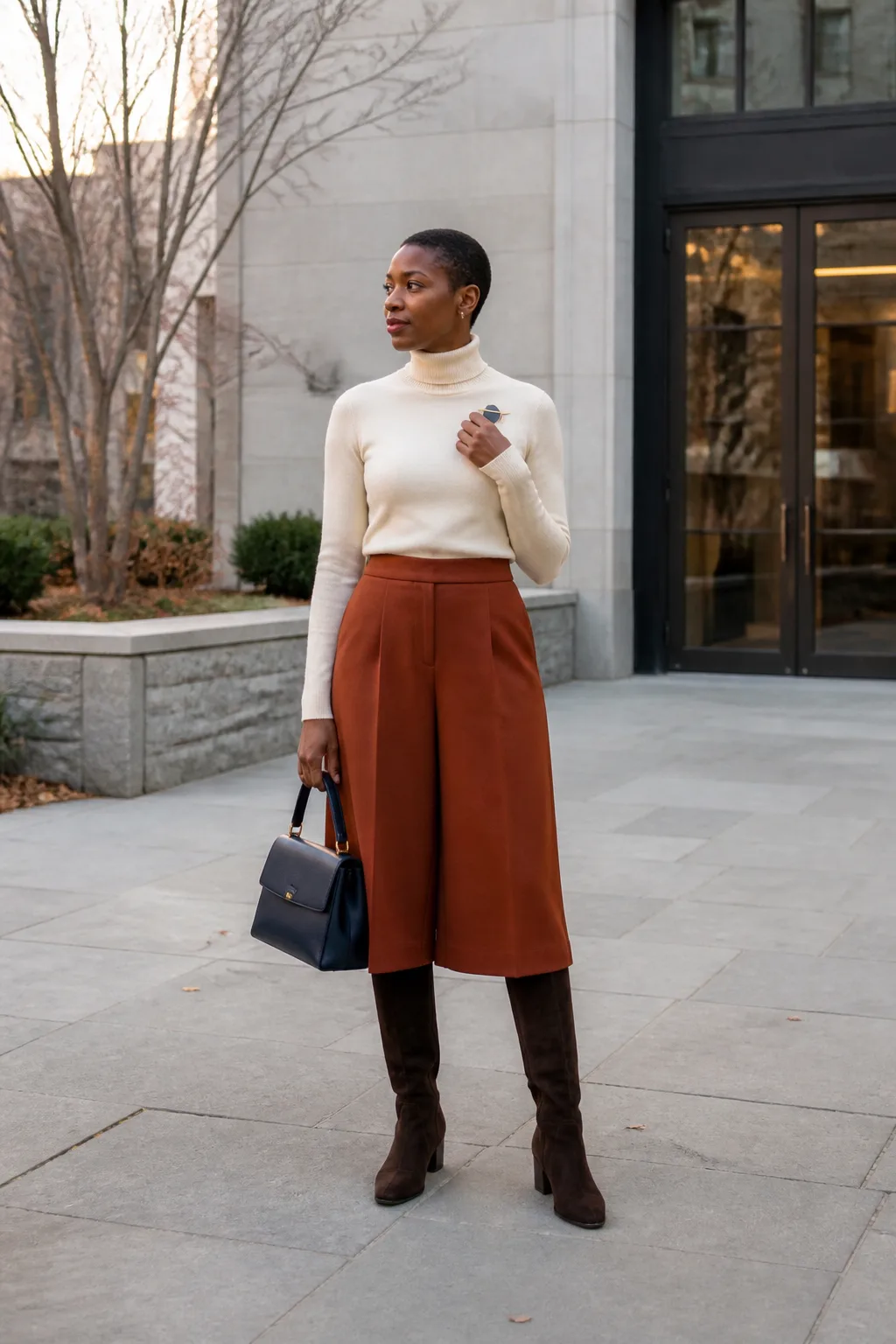 Cream Turtleneck, Rust Culottes, and Tall Boots