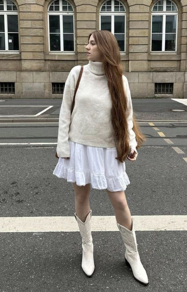 Cream Turtleneck Sweater + White Ruffled Mini Skirt + White Cowboy Boots