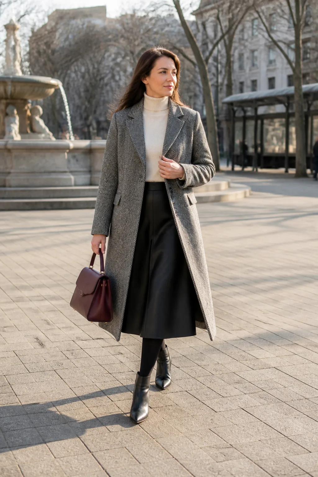 Cream Turtleneck with Black Leather Midi Skirt