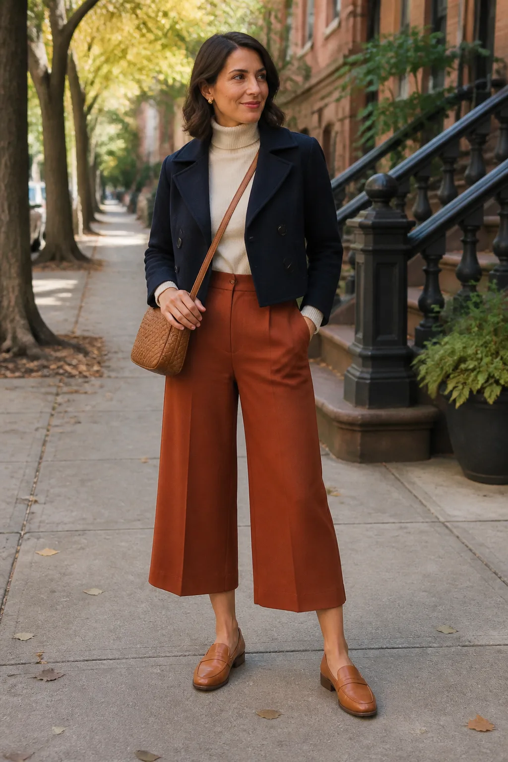 Cream Turtleneck with Rust Culottes