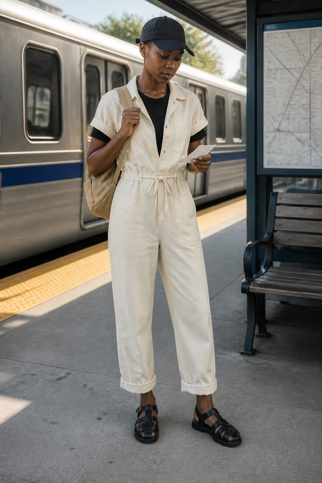 Cream Utility Jumpsuit, Racerback Tee, and Fisherman Sandals
