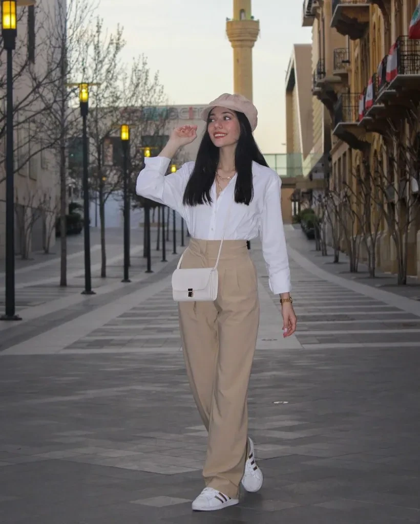 2- Crisp White Shirt and Beige Trousers