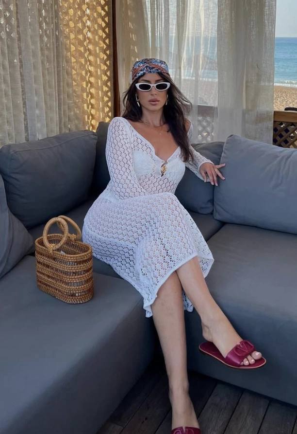Crochet Cover-Up Dress + Woven Bag + Burgundy Slides