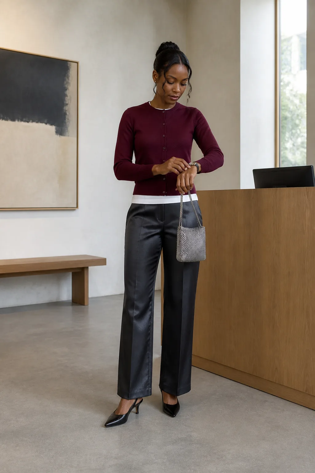 Cropped Cardigan with Satin Trousers