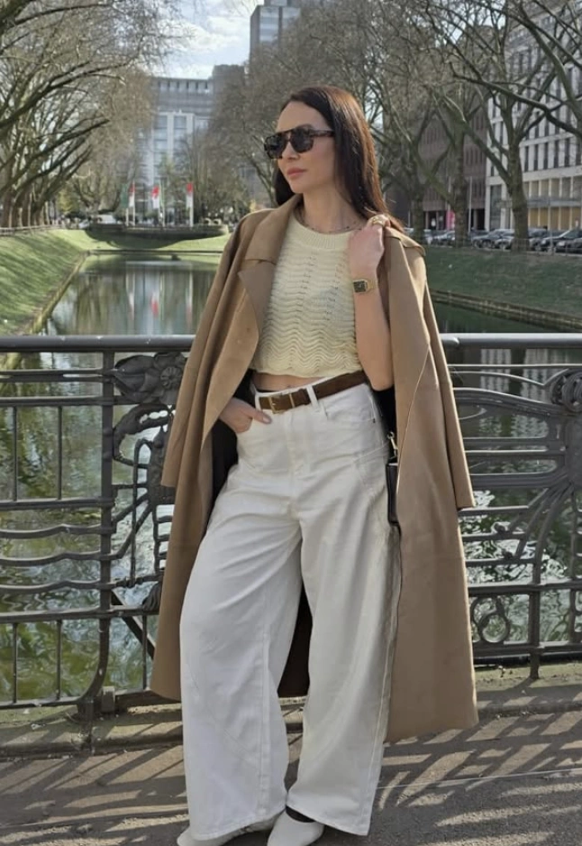 Cropped Knit Top + Barrel Leg Jeans + Oversized Trench