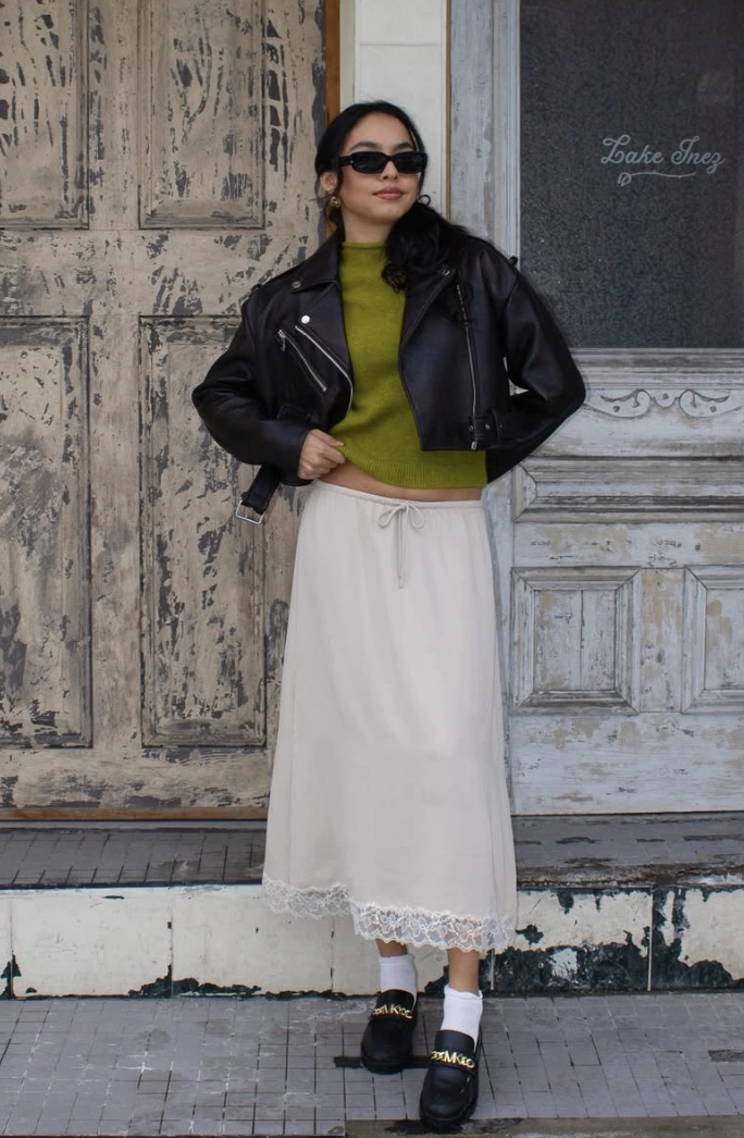 Cropped Moto Jacket + Chartreuse Knit + Lace Trim Skirt