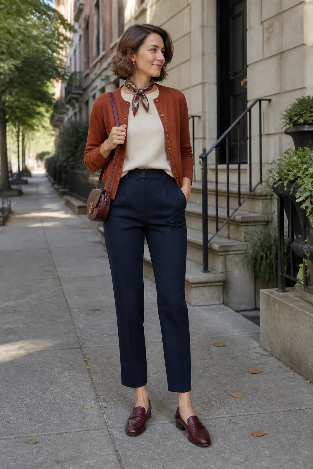 Cropped Rust Cardigan with Navy Trousers
