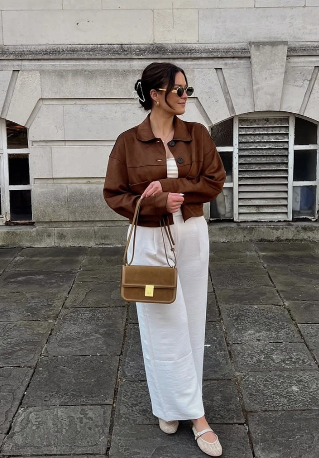 Cropped Suede Jacket + White Wide Leg Pants + Structured Bag