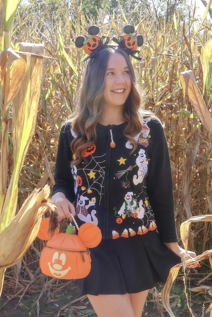 Cute Ghost Cardigan + Black Pleated Skirt + Halloween Mickey Mouse Purse + Pumpkin Ears