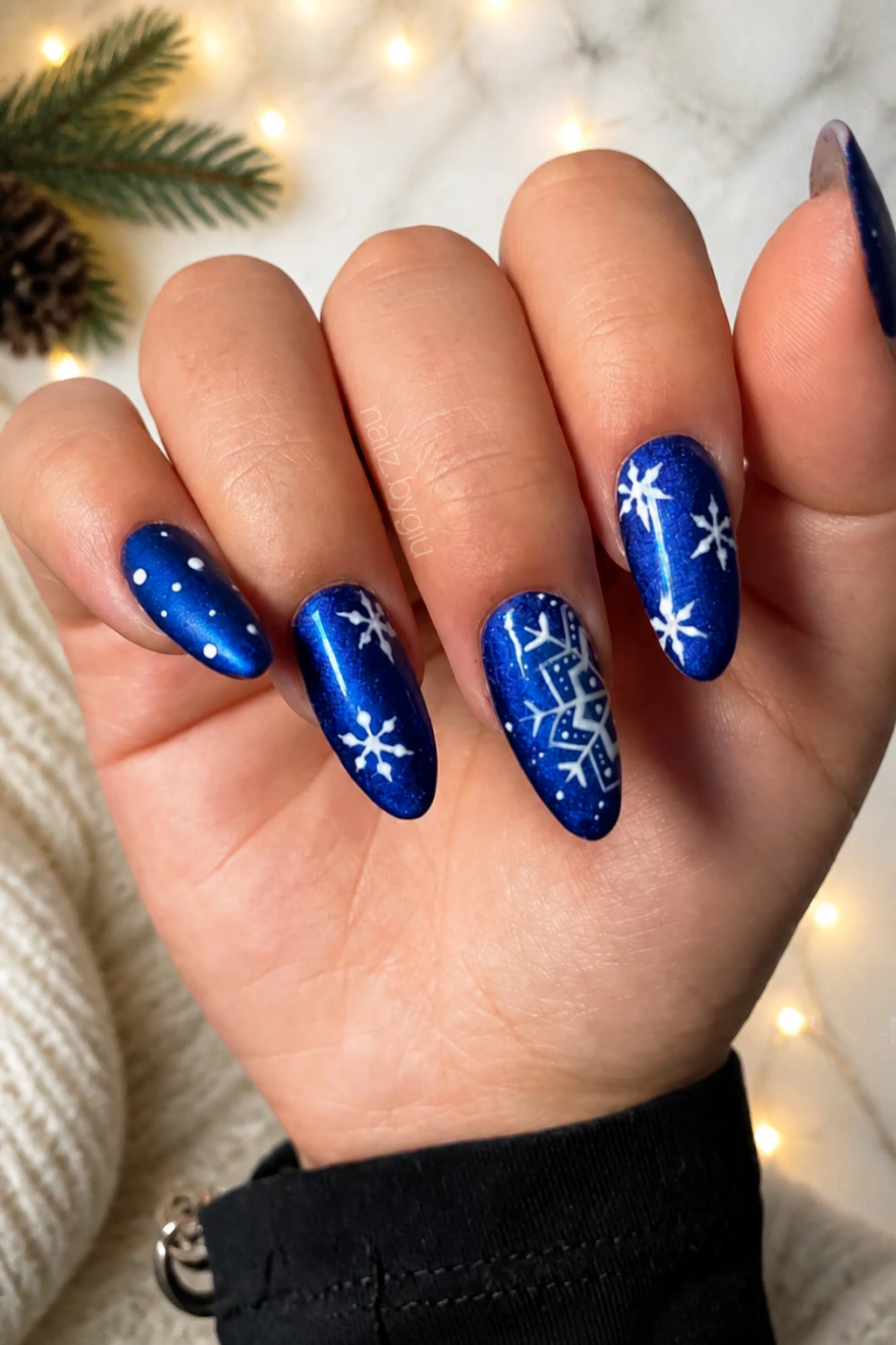 9- Dark Blue Nails With Delicate Snowflakes