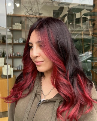 Dark Brown Hair with Bright Red Money Piece and Ends