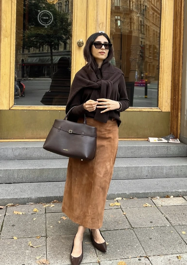 Dark Brown Sweater + Tan Suede Midi Skirt + Dark Brown Pointed Toe Flats