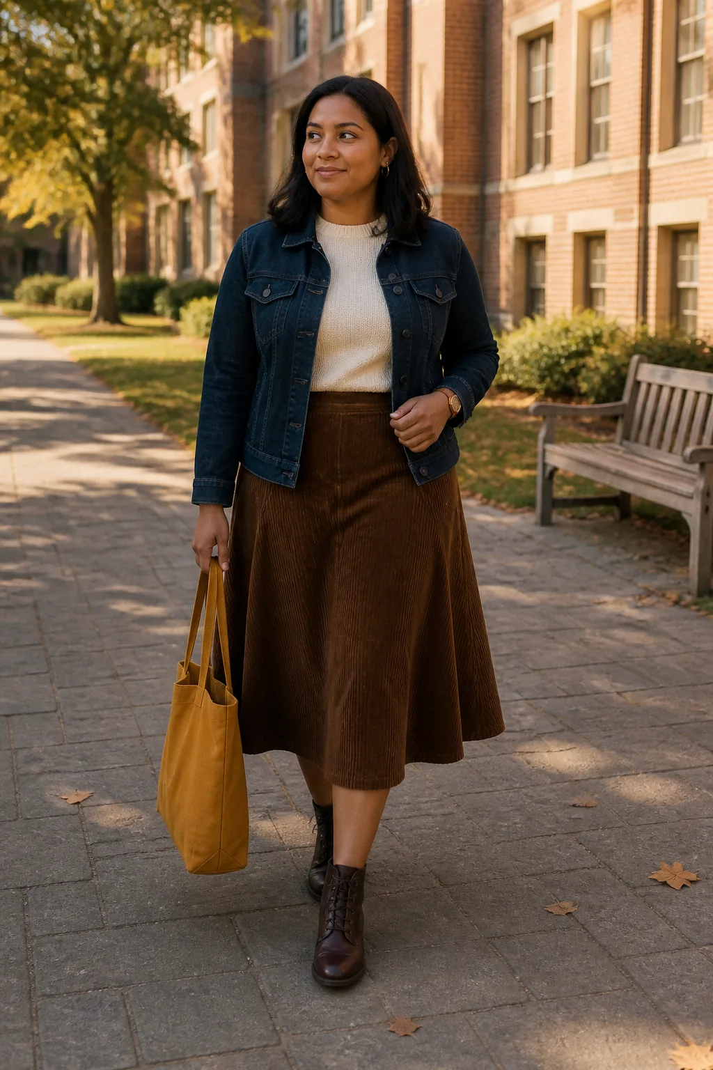 Dark Denim Jacket with Corduroy Skirt